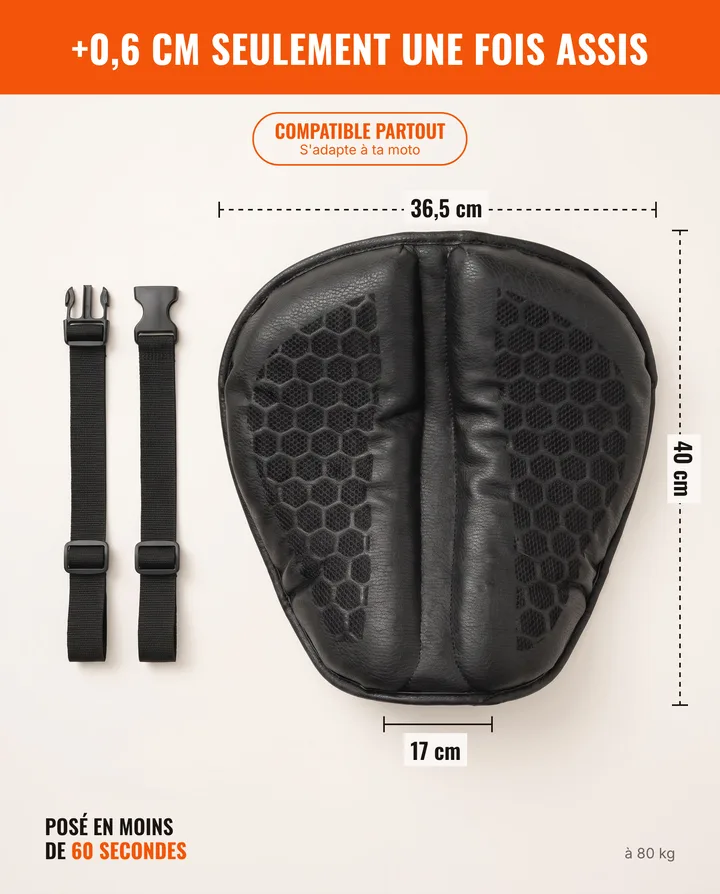 Dimensions : 40 cm de long, 36,5 cm à l'arrière, 17 cm à l'avant. +0,6 cm seulement une fois assis, à 80 kg